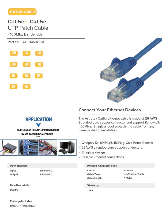 Astrotek | Astrotek CAT5e Cable 3m - Blue Color Premium RJ45 Ethernet Network LAN UTP Patch Cord 26AWG CU  Jacket | AT-RJ45BL-3M - Image 1