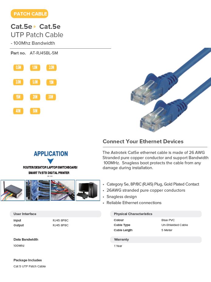 Astrotek | Astrotek CAT5e Cable 5m - Blue Color Premium RJ45 Ethernet Network LAN UTP Patch Cord 26AWG CU Jacket | AT-RJ45BL-5M - Image 1