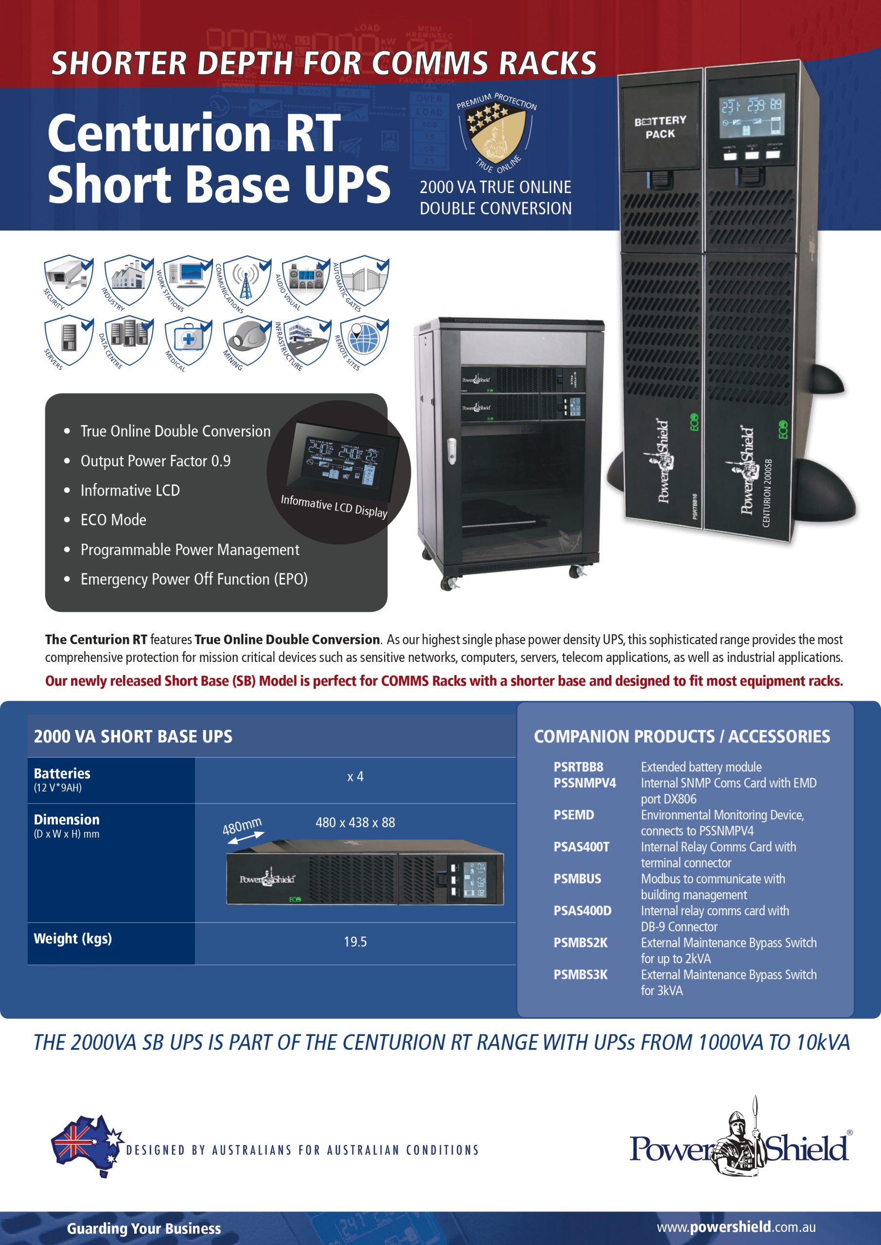 PowerShield | PowerShield Centurion RT UPS 2000VA Short Base Model - 10Amp, True Online Double Conversion Rack/Tower UPS, 4 AUS sockets | PSCERT2000SB - Image 1