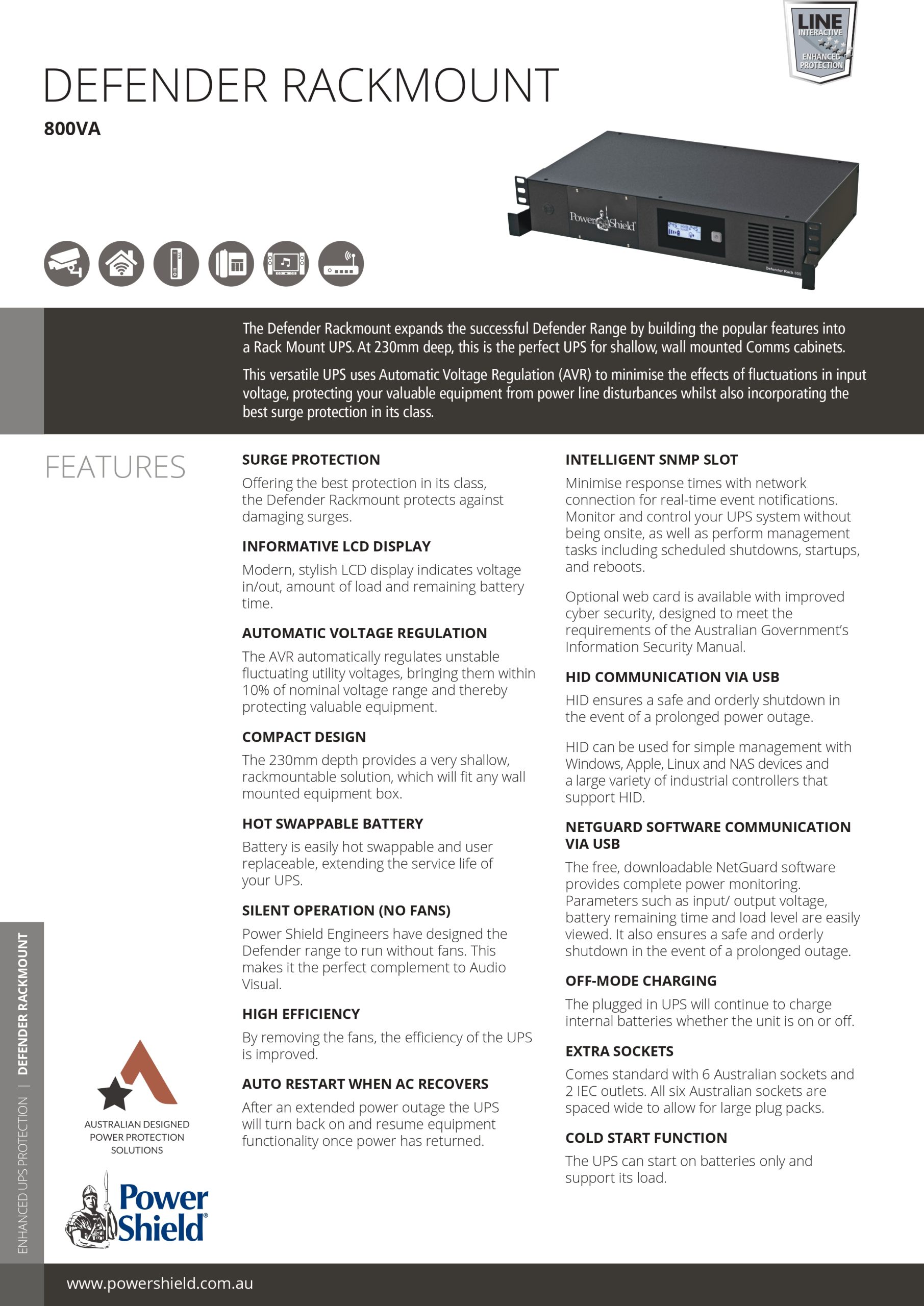 PowerShield | PowerShield Defender Rack Mount 800VA, 2RU Shallow depth UPS, 4 AUS sockets, user-replaceable batteries, 2-year warranty | PSDR800 - Image 1
