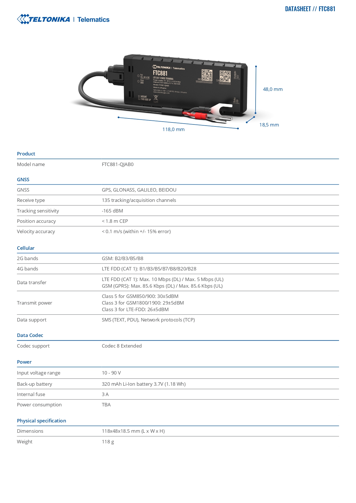 Teltonika | Teltonika FTC881- High voltage 4G LTE Cat 1 battery-mounted vehicle GPS tracker with enhanced GNSS accuracy and IP69K resistance | FTC881 - Image 2