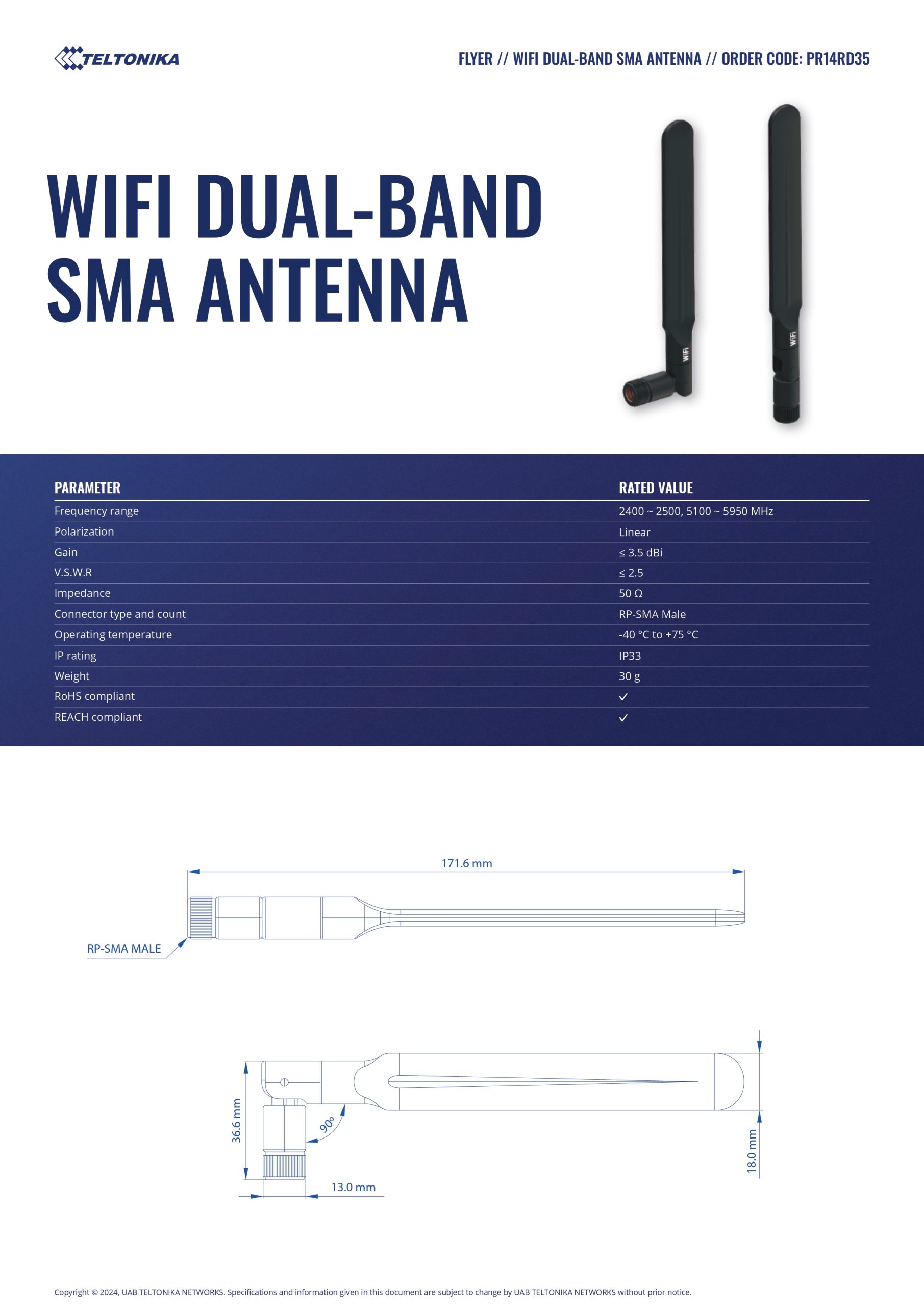 Teltonika | Teltonika WI-FI DUAL-BAND SMA ANTENNA | PR14RD35 - Image 1