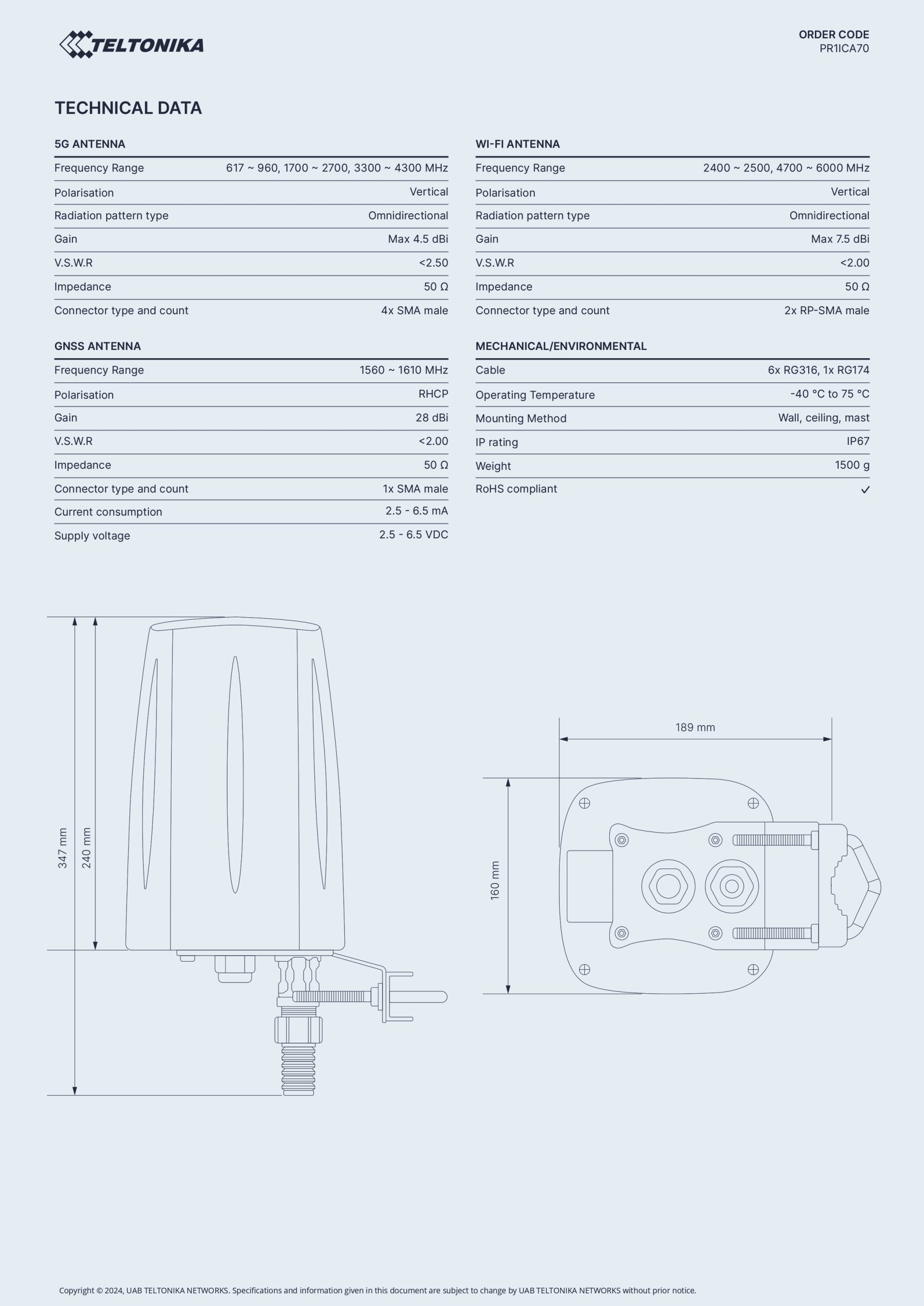 Teltonika | Teltonika OUTDOOR LTE  5G/WI-FI/GPS ANTENNA FOR RUTX50  RUTM50 routers | PR1ICA70 - Image 2