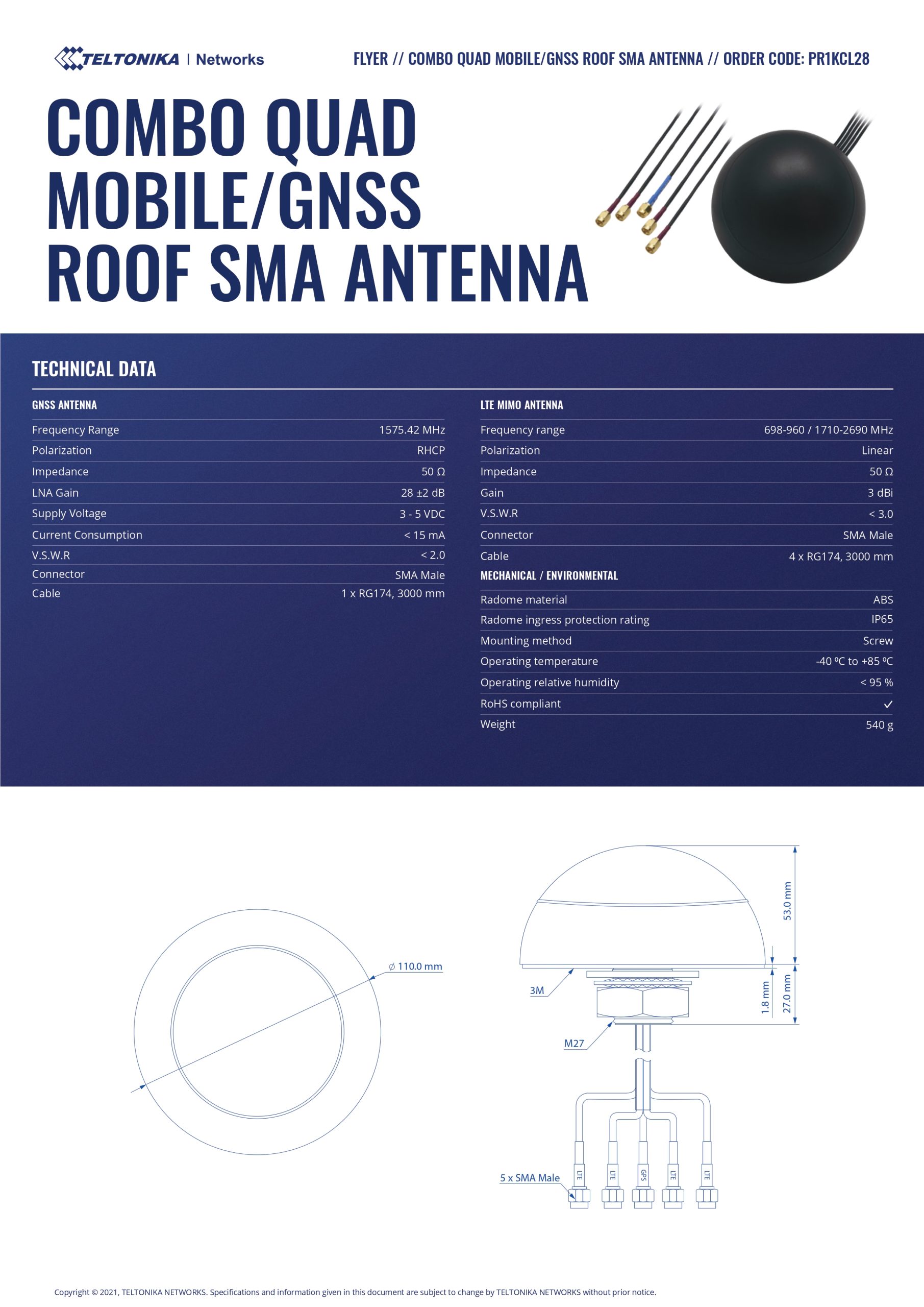 Teltonika | Teltonika Combo Quad Mobile/GNSS Roof SMA Antenna | PR1KCL28 - Image 1