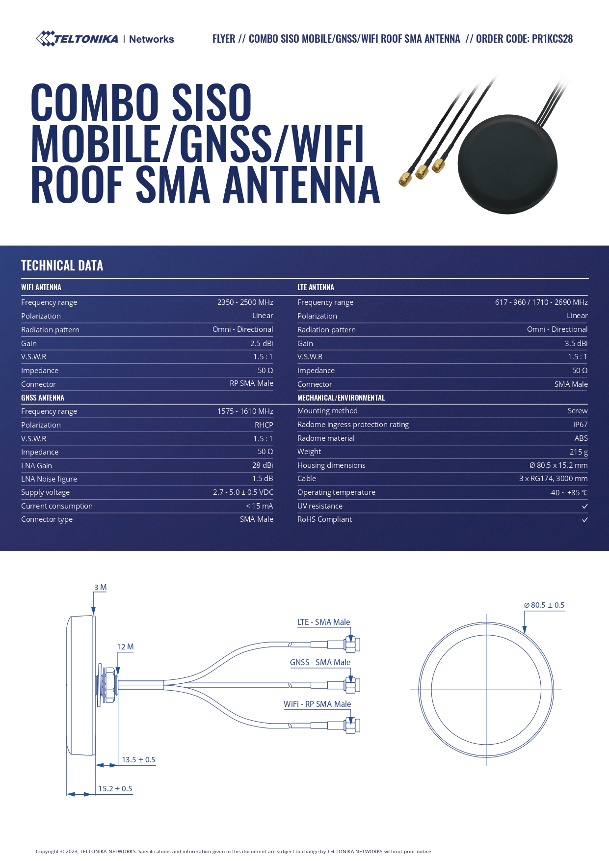 Teltonika | Teltonika Combo SISO Mobile/GNSS/WIFI Flush Mount Mobile Antenna for Vehicle/Cabinet - Compatible with TRB245 and TRB 255 | PR1KCS28 - Image 1