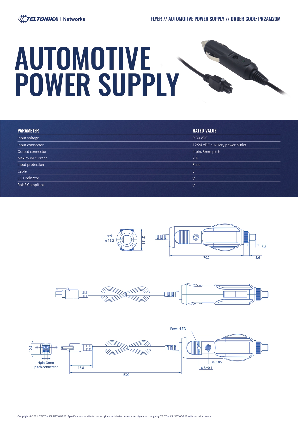 Teltonika | Teltonika Automotive 12v Power Supply - Car Lighter Socket - Power your Teltonika on the Move - Formerly 058R-00249 | PR2AM20M - Image 1