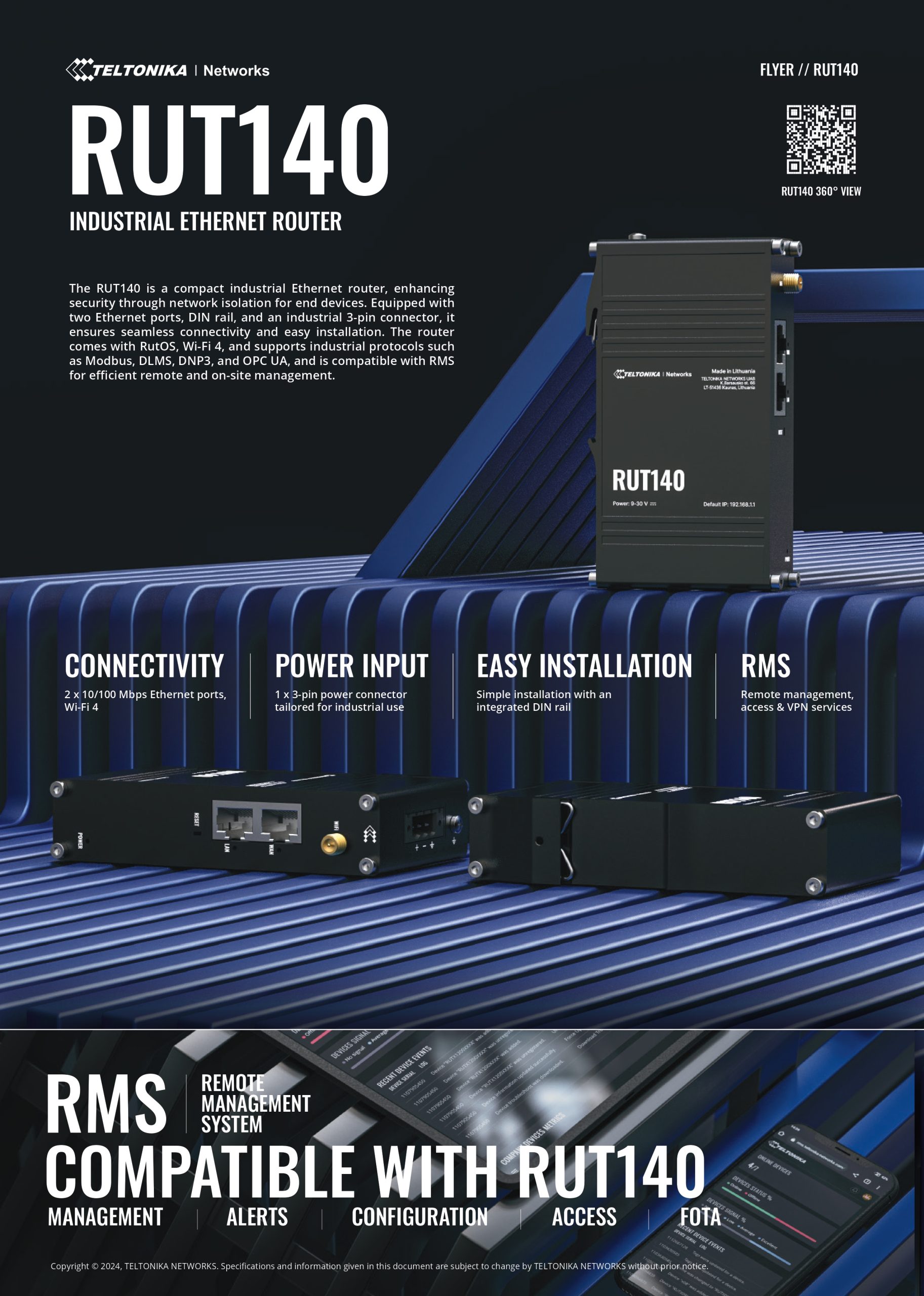 Teltonika | Teltonika RUT140 Industrial Ethernet Router, Wi-Fi 4, 1x3-Pin Power Connector, Integrated DIN rail bracket, Remote Management, PSU excluded | RUT140000000 - Image 1