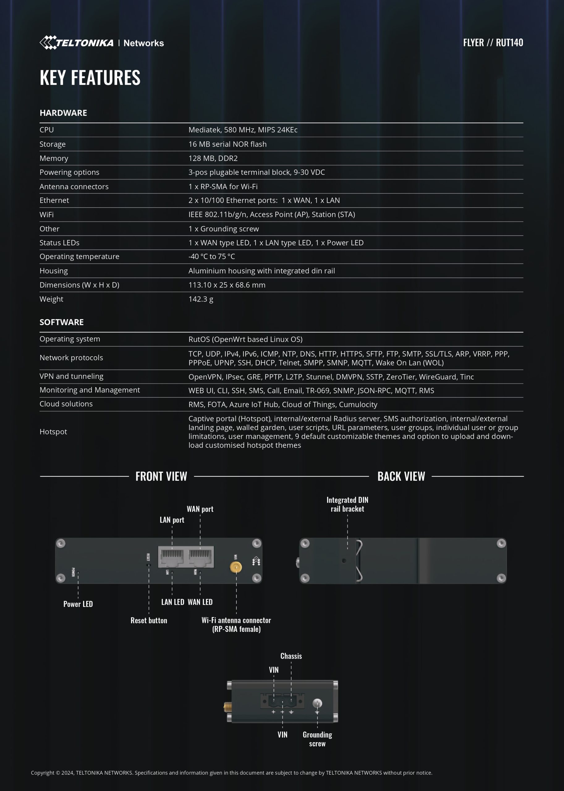 Teltonika | Teltonika RUT140 Industrial Ethernet Router, Wi-Fi 4, 1x3-Pin Power Connector, Integrated DIN rail bracket, Remote Management, PSU excluded | RUT140000000 - Image 2