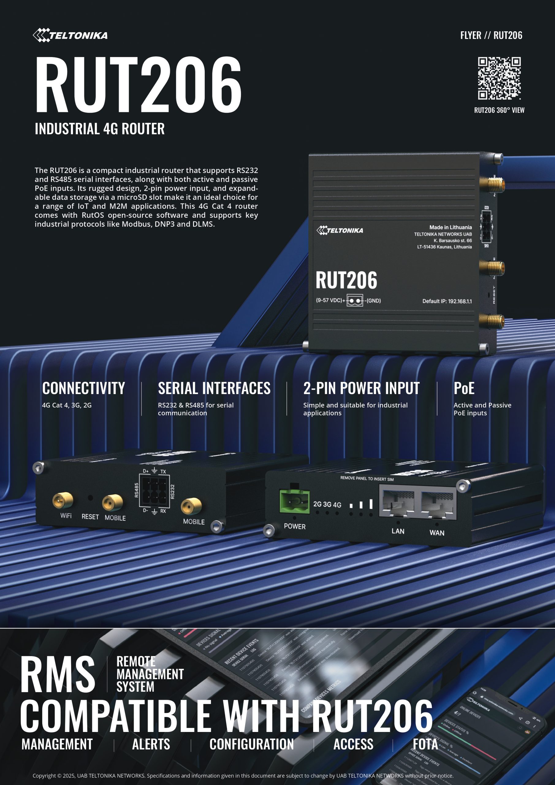 Teltonika | Teltonika RUT206 Industrial 4G Router, Cat 4, RS232  RS485 for serial communication, 2-PIN POWER INPUT, Active and Passive PoE inputs | RUT206010000 - Image 1