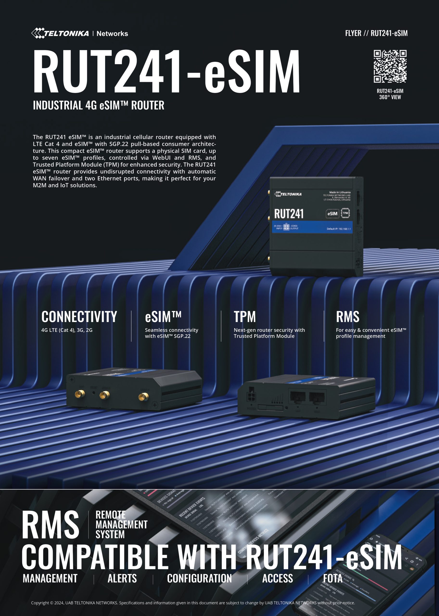 Teltonika | Teltonika RUT241 eSIM™ Industrial 4G Router,Global Version, Instant LTE Failover, Compact and Powerful Industrial 4G LTE Router/Firewall, PSU included | RUT241235000 - Image 1