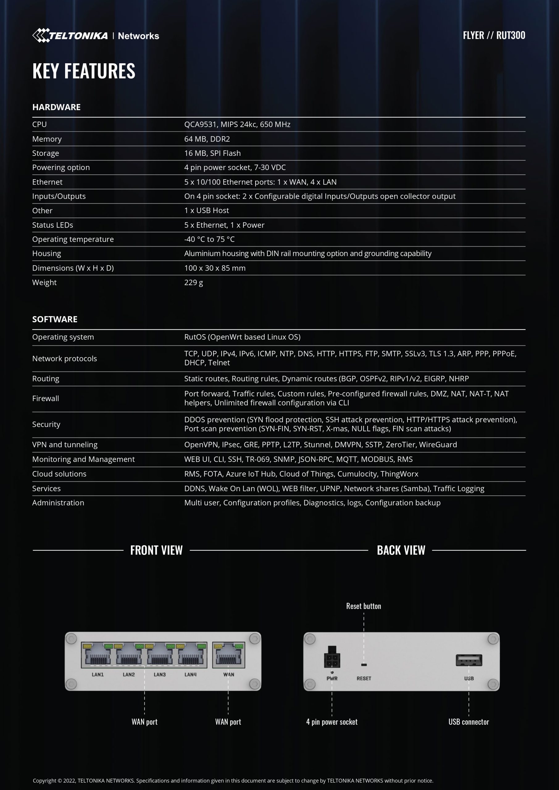 Teltonika | Teltonika RUT300 Industrial Ethernet Router, Rugged Industrial Ethernet Router, 5 Ethernet Ports, 2 Configurable Digital Inputs/Outputs, PSU included | RUT300000300 - Image 2