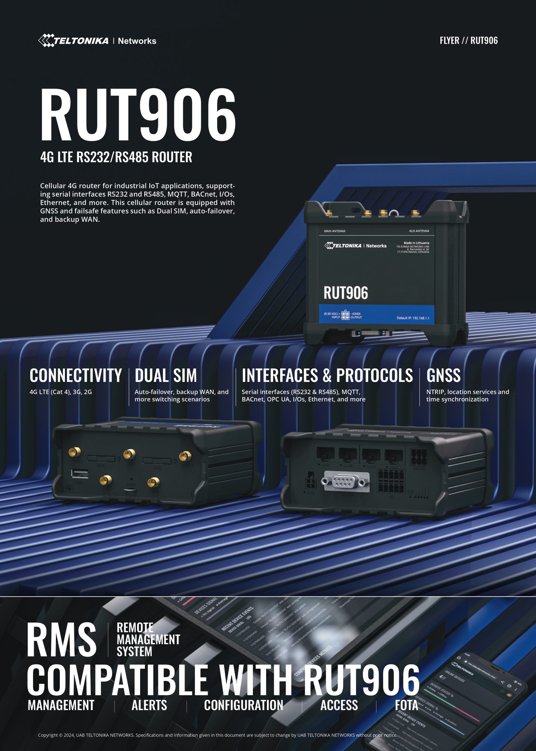 Teltonika | Teltonika RUT906 Industrial Cellular Router, Dual-SIM Cellular 4G LTE, WAN Failover, with 4x Ethernet Ports, PSU included | RUT906000800 - Image 1