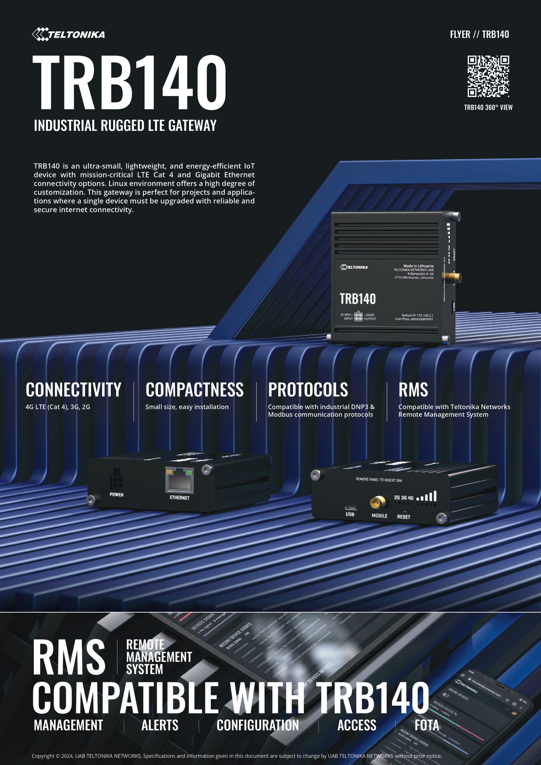 Teltonika | Teltonika TRB140 Industrial Rugged LTE Gateway, 4G/LTE (Cat 4), Compatible with Industrial DNP3  Modbus Communication Protocols, PSU included | TRB140107000 - Image 1