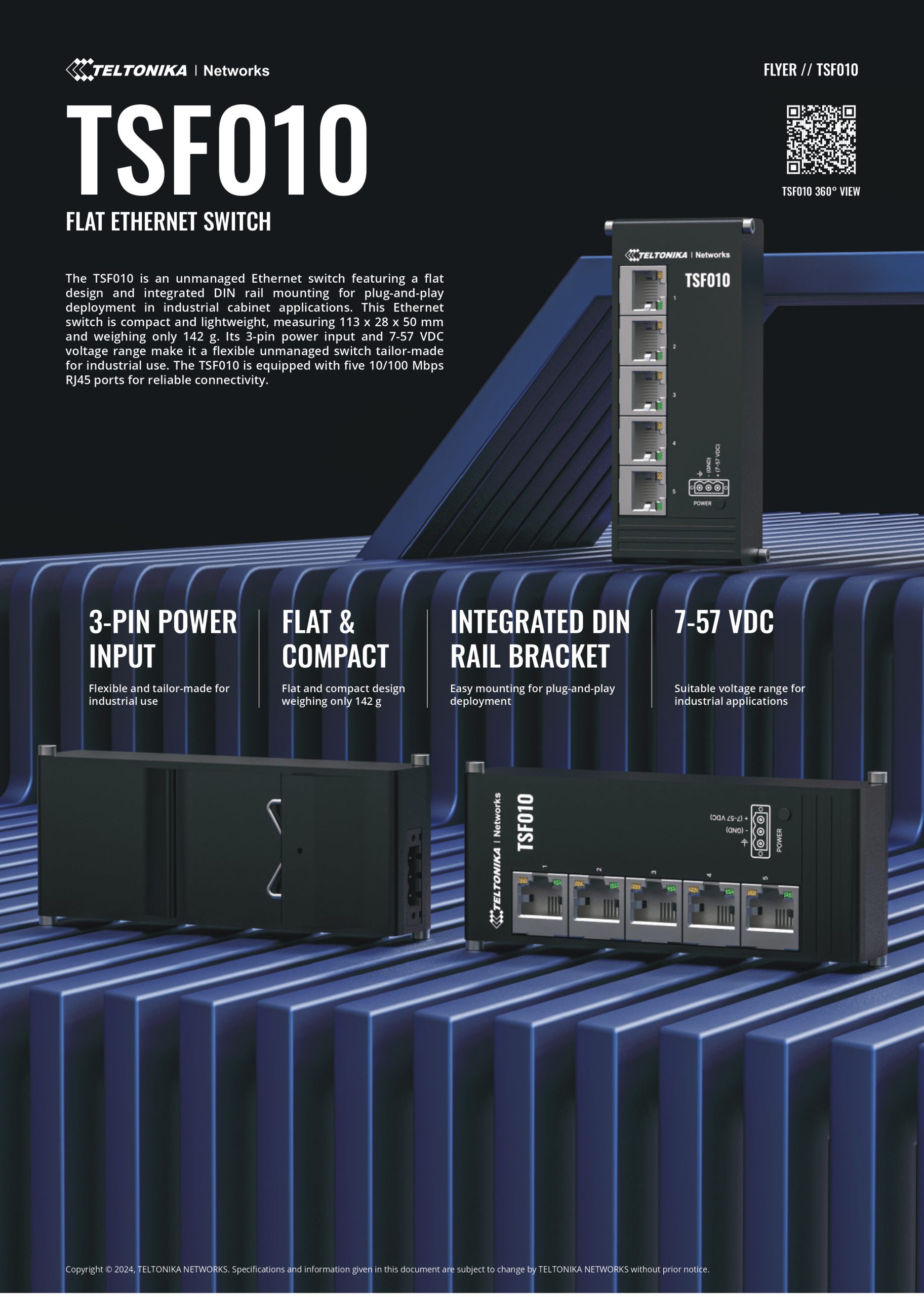 Teltonika | Teltonika TSF010 Flat Ethernet Switch, 3-Pin Power Input, Flat and Compact Design, Plug-and-Play, 7-57 VDC, PSU excluded | TSF010000000 - Image 1