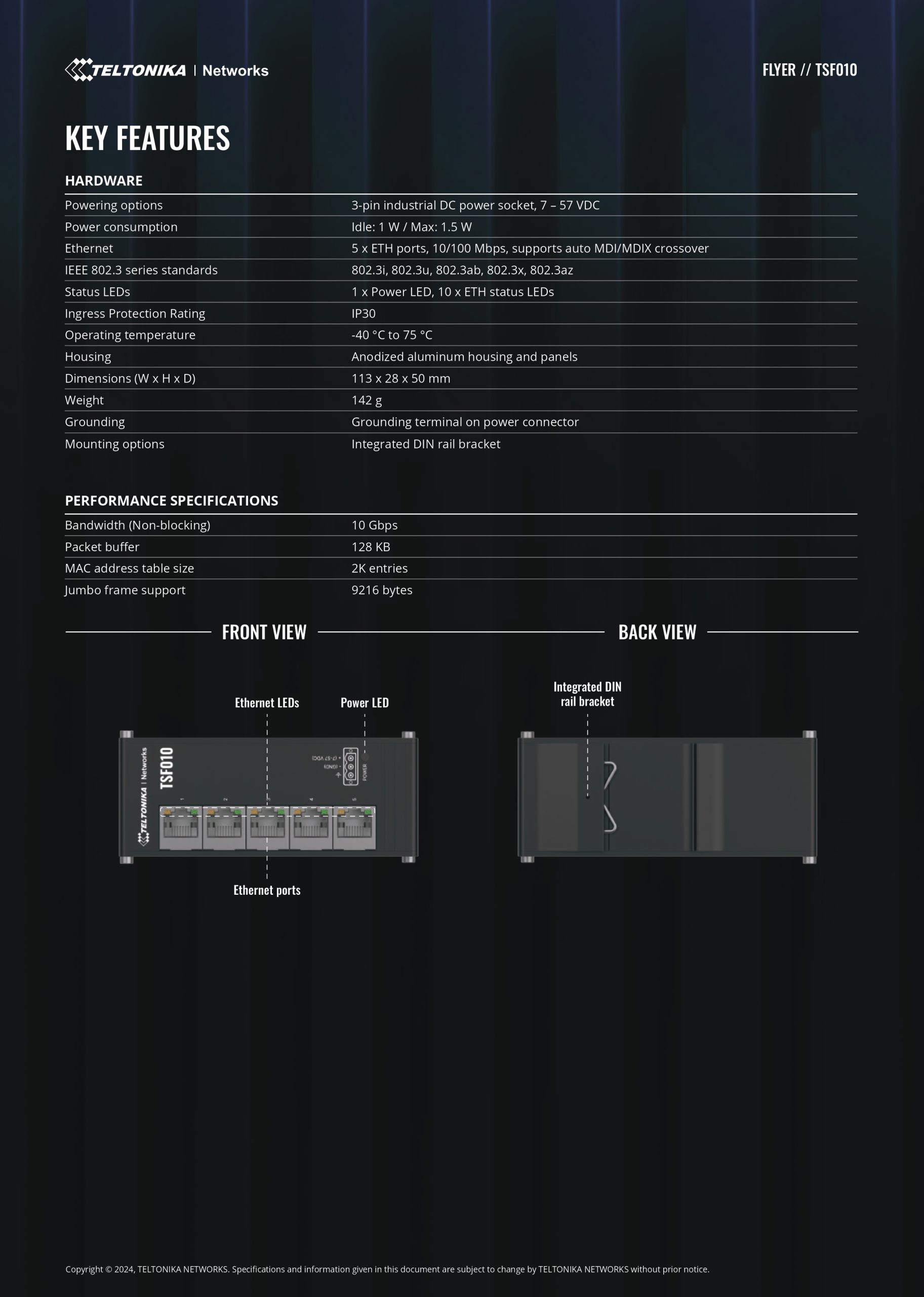 Teltonika | Teltonika TSF010 Flat Ethernet Switch, 3-Pin Power Input, Flat and Compact Design, Plug-and-Play, 7-57 VDC, PSU excluded | TSF010000000 - Image 2