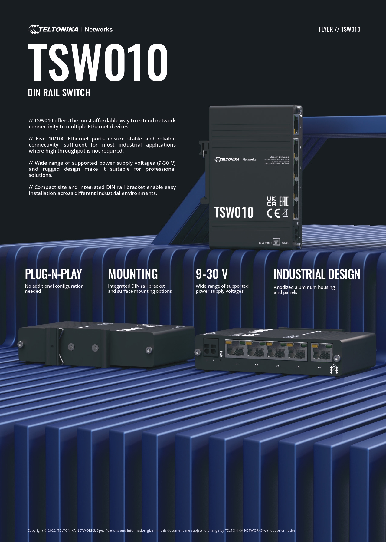 Teltonika | Teltonika TSW010 DIN Rail Ethernet Switch, 5x Ethernet Ports with speeds of up to 100 Mbps, Integrated DIN Rail Bracket, Plug and Play, PSU excluded | TSW010000000 - Image 1