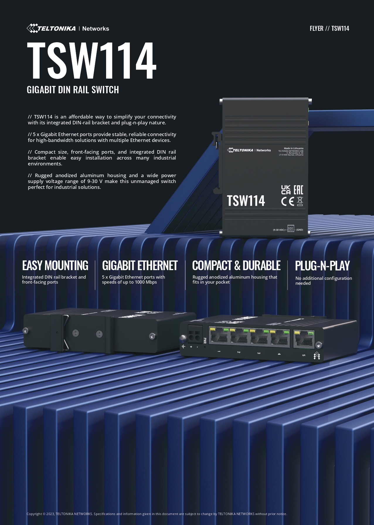 Teltonika | Teltonika TSW114 Gigabit DIN Rail Ethernet Switch,Easy Mounting, 5x Gigabit Ethernet Ports with speeds of up to 1000 Mbps, PSU excluded | TSW114000000 - Image 1