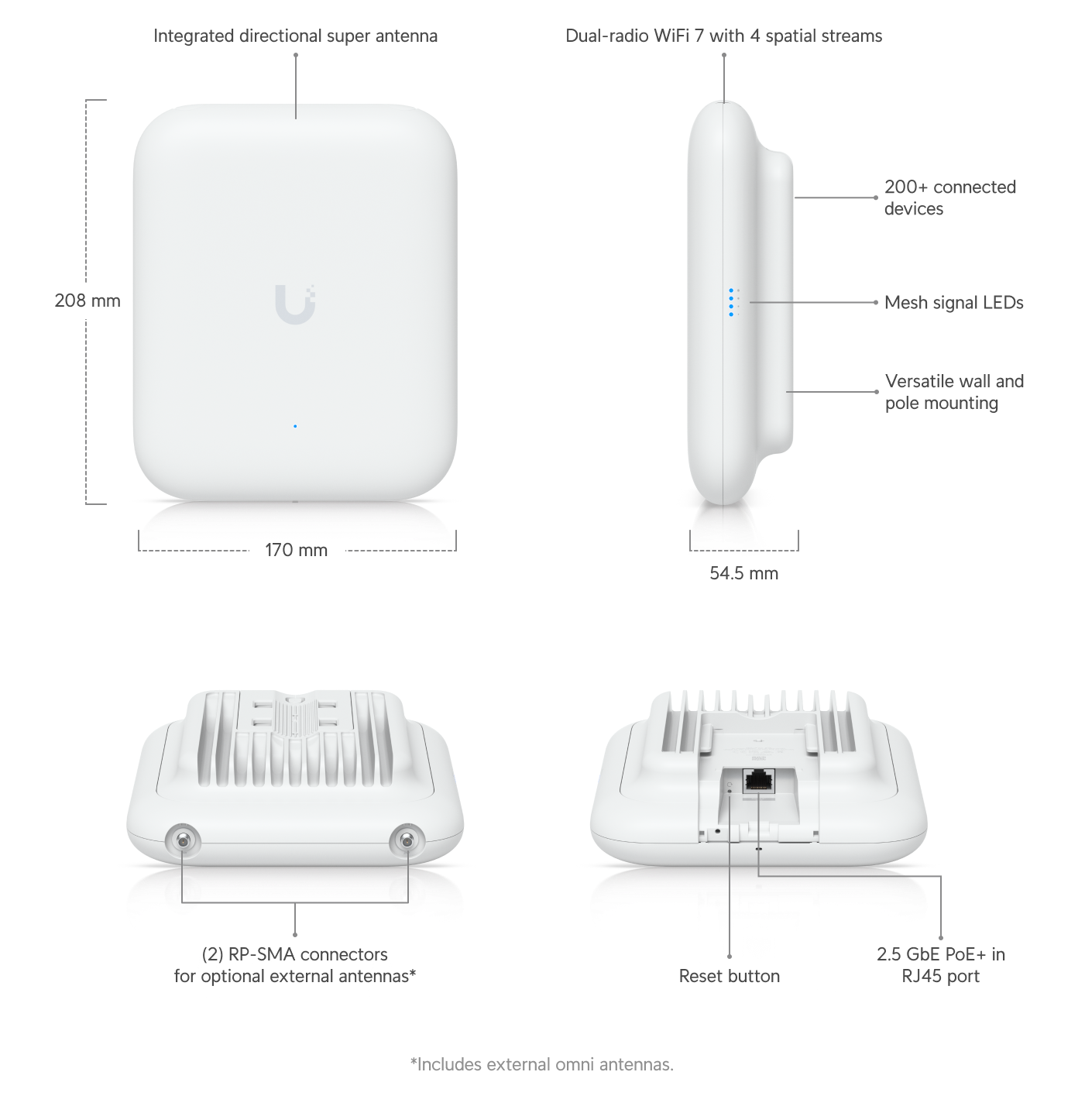 Ubiquiti | Ubiquiti U7 Outdoor, 2Yr Warr, 4 Spatial Streams, 465 m²  Coverage, 200+ Devices, PoE+ Power, 2.5 GbE Uplink, Versatile Wall Pole Mounting | U7-Outdoor - Image 1