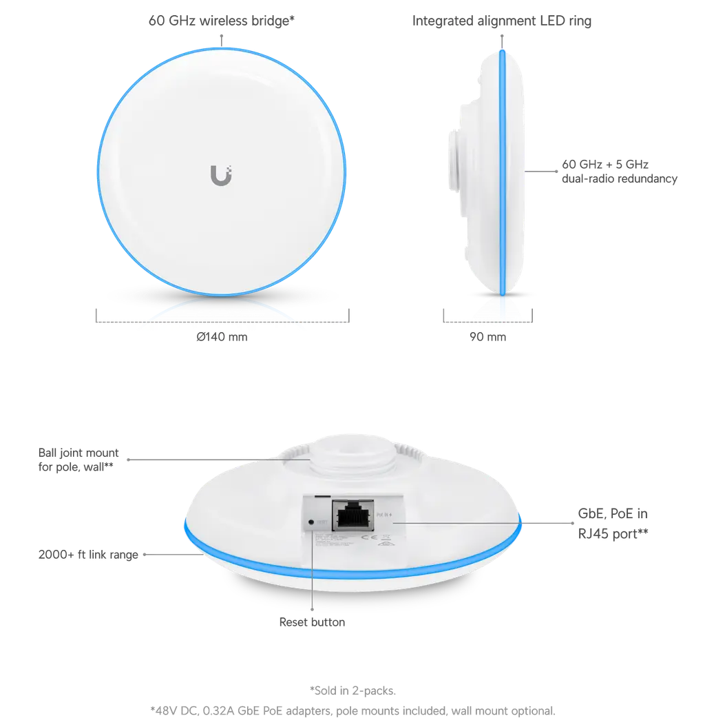 Ubiquiti | Ubiquiti UniFi Building-to-Building Bridge - 60GHz 1.7Gbps Link  - Complete PtP Link, Built-in LED alignment indicators, Sold as 2 Pack | UBB - Image 1