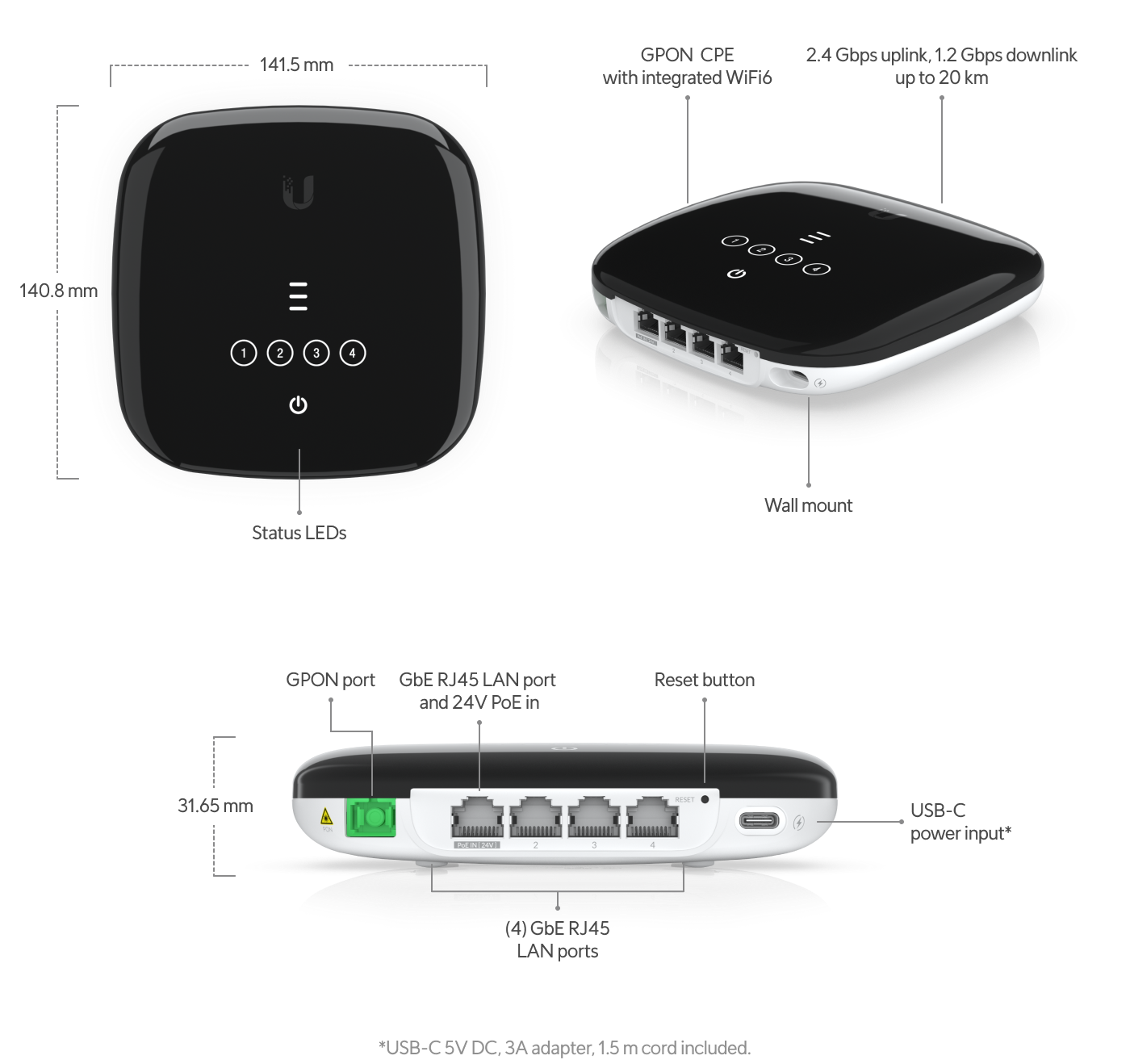 Ubiquiti | Ubiquiti UFiber Gigabit WiFi6, Passive Optical Network CPE with Built-in WiFi and Multiple VLAN-aware Switch Ports, | UF-WiFi6 - Image 1