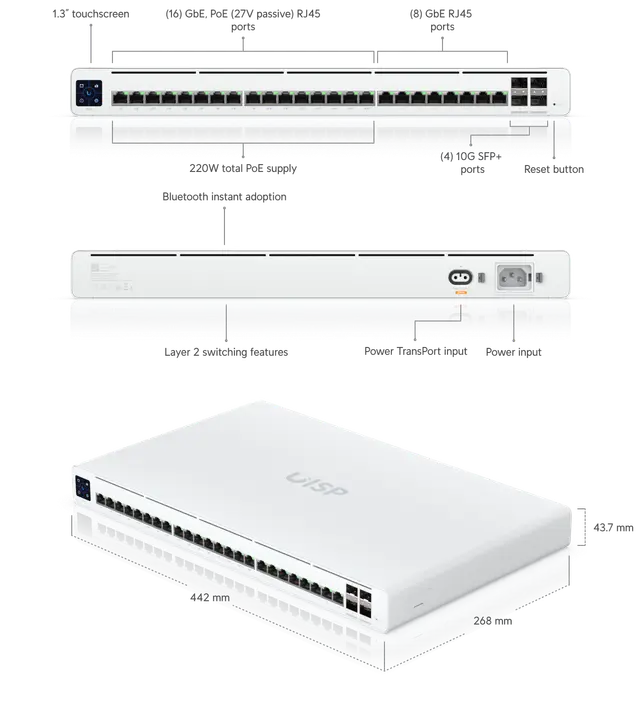Ubiquiti | Ubiquiti UISP Switch Professional, 24 GbE RJ45 ports, 16 with 27V Passive PoE Output,  4 10G SFP+ ports, Color Touchscreen, | UISP-S-Pro - Image 1