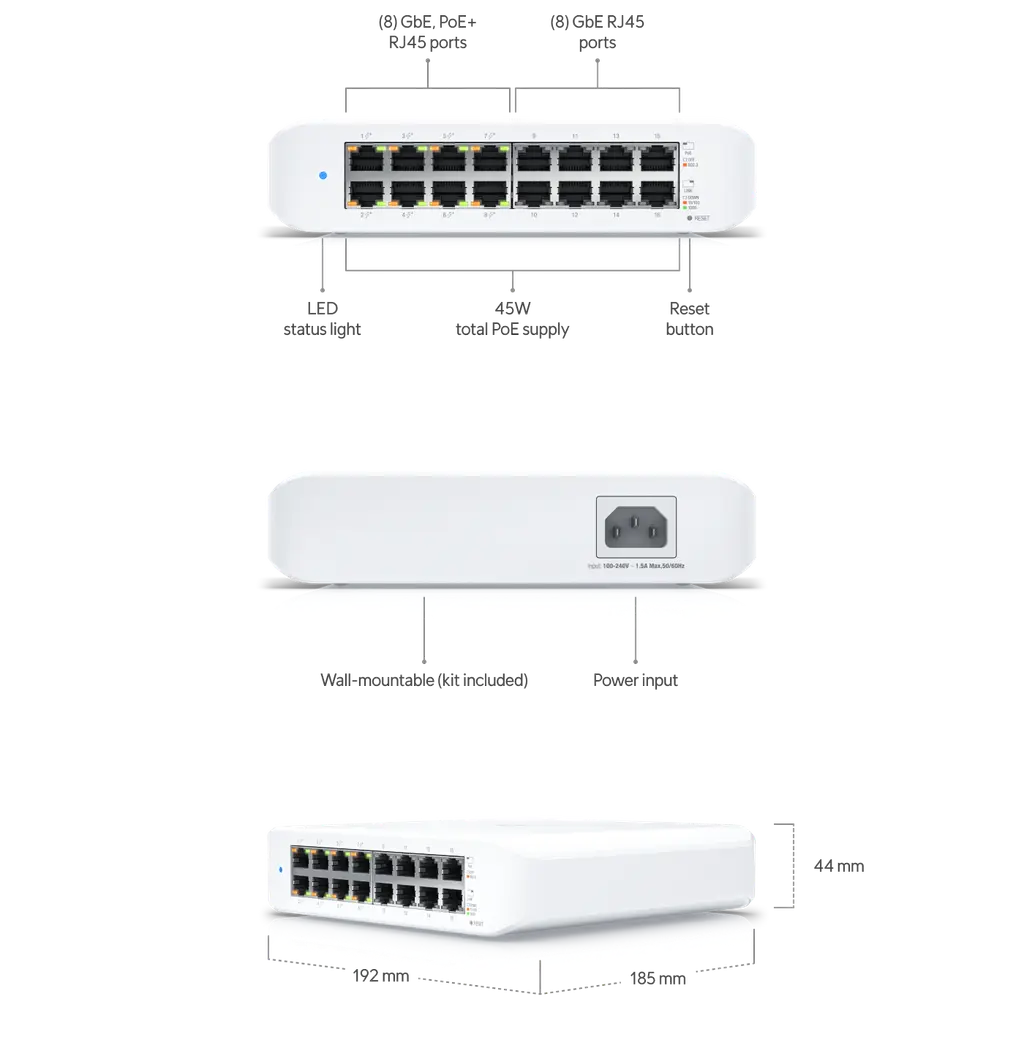 Ubiquiti | Ubiquiti UniFi Switch Lite 16 PoE, Layer 2, 16x GbE RJ45 Ports, 8x 802.3at PoE+ Ports, 45W PoE, Silent Operation, Wallmount Kit Include, | USW-Lite-16-POE - Image 1
