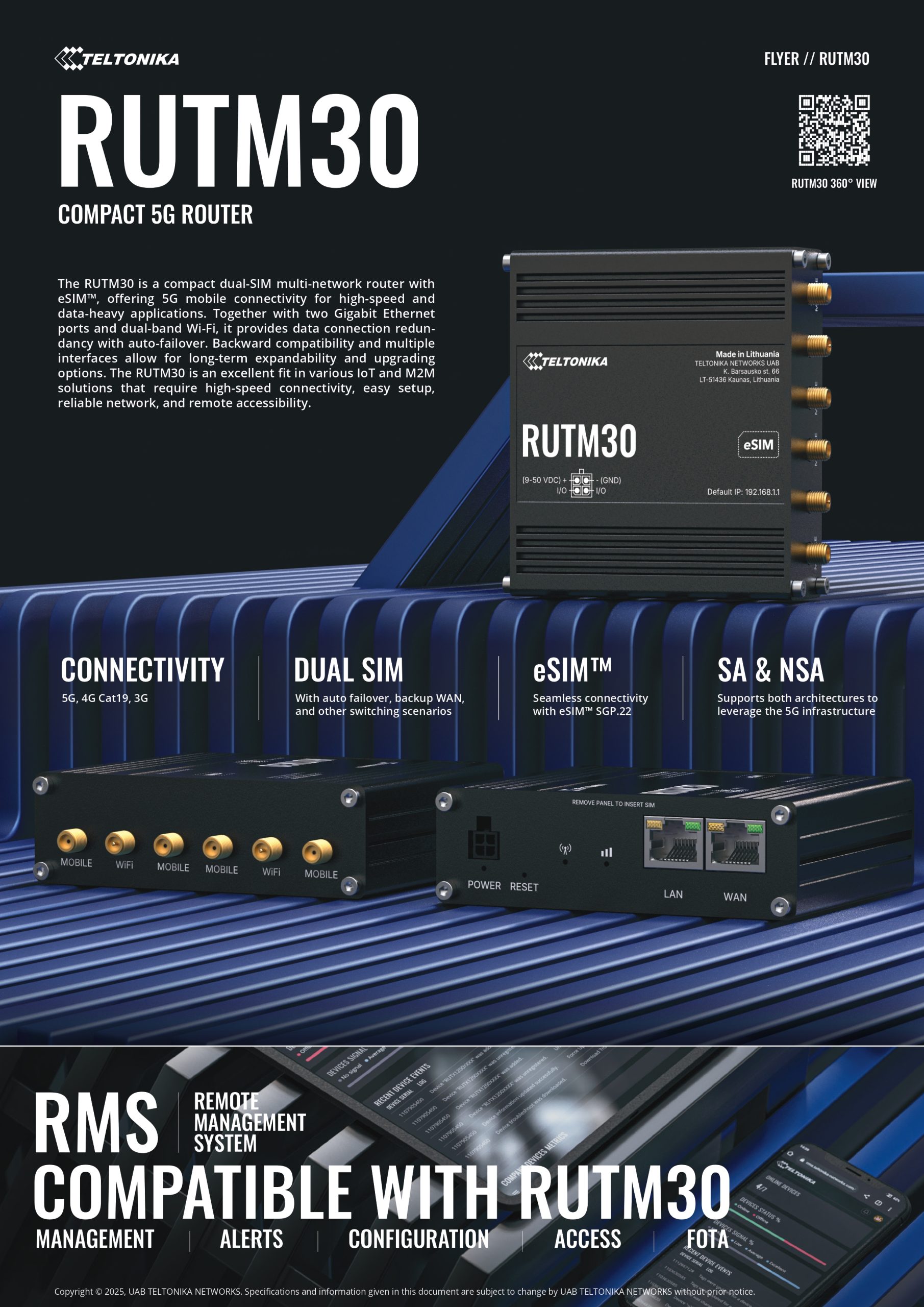 Teltonika | Teltonika RUTM30 Compact 5G Router, 5G dual SIM cellular, 5 Gigabit Ethernet ports, Dual-Band Wi-Fi, Backward Compatible with 4G, PSU included | RUTM30 - Image 1