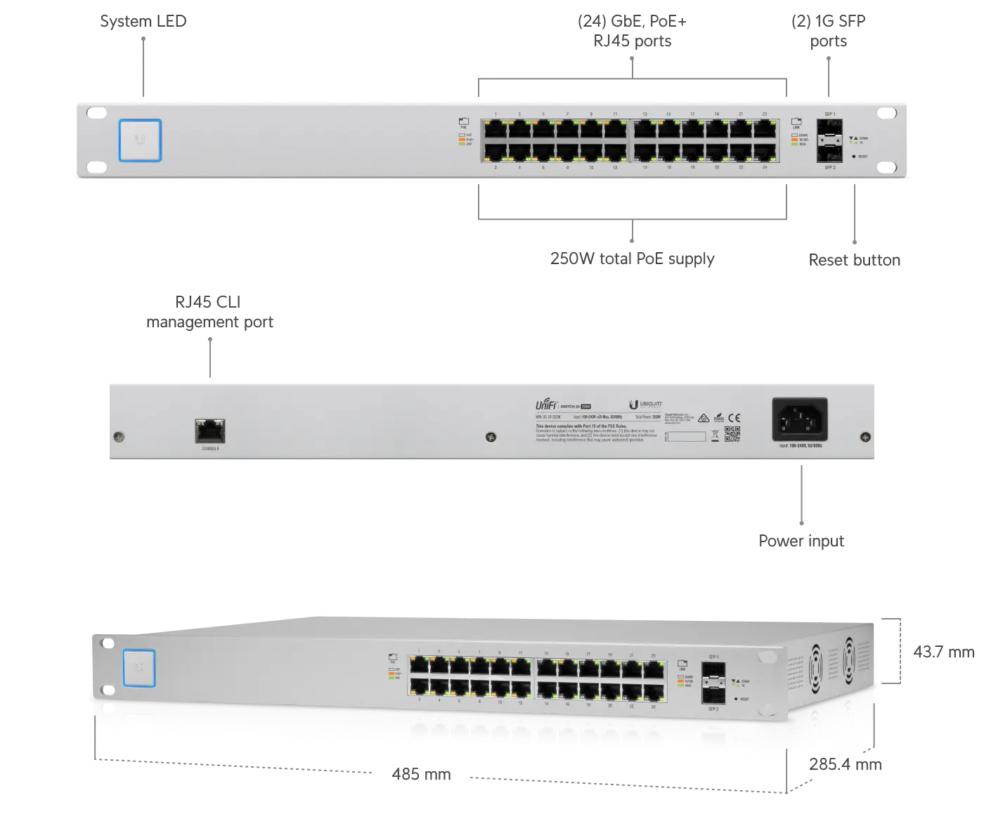 Ubiquiti | Ubiquiti UniFi Switch 24-port Managed PoE+ Gigabit Switch with SFP, 250W PoE Budget, GEN1, | US-24-250W - Image 1