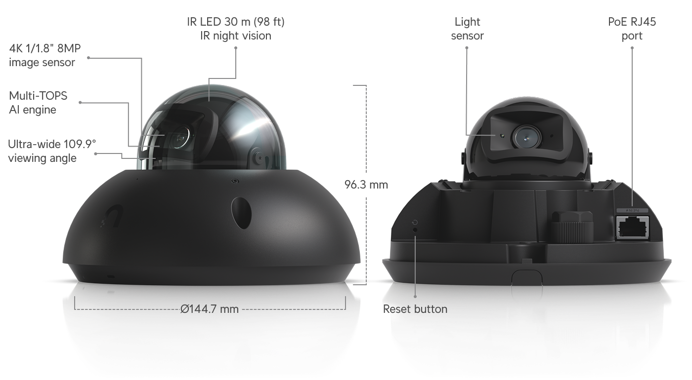 Ubiquiti | Ubiquiti G6 Dome,Black,All weather,Vandal-proof 4K PoE Camera,1/1.8 8MP Image Sensor,Multi-TOPS AI Engine,Long-range IR Nigh Vision,Deal Reg Available | UVC-G6-Dome-B - Image 1