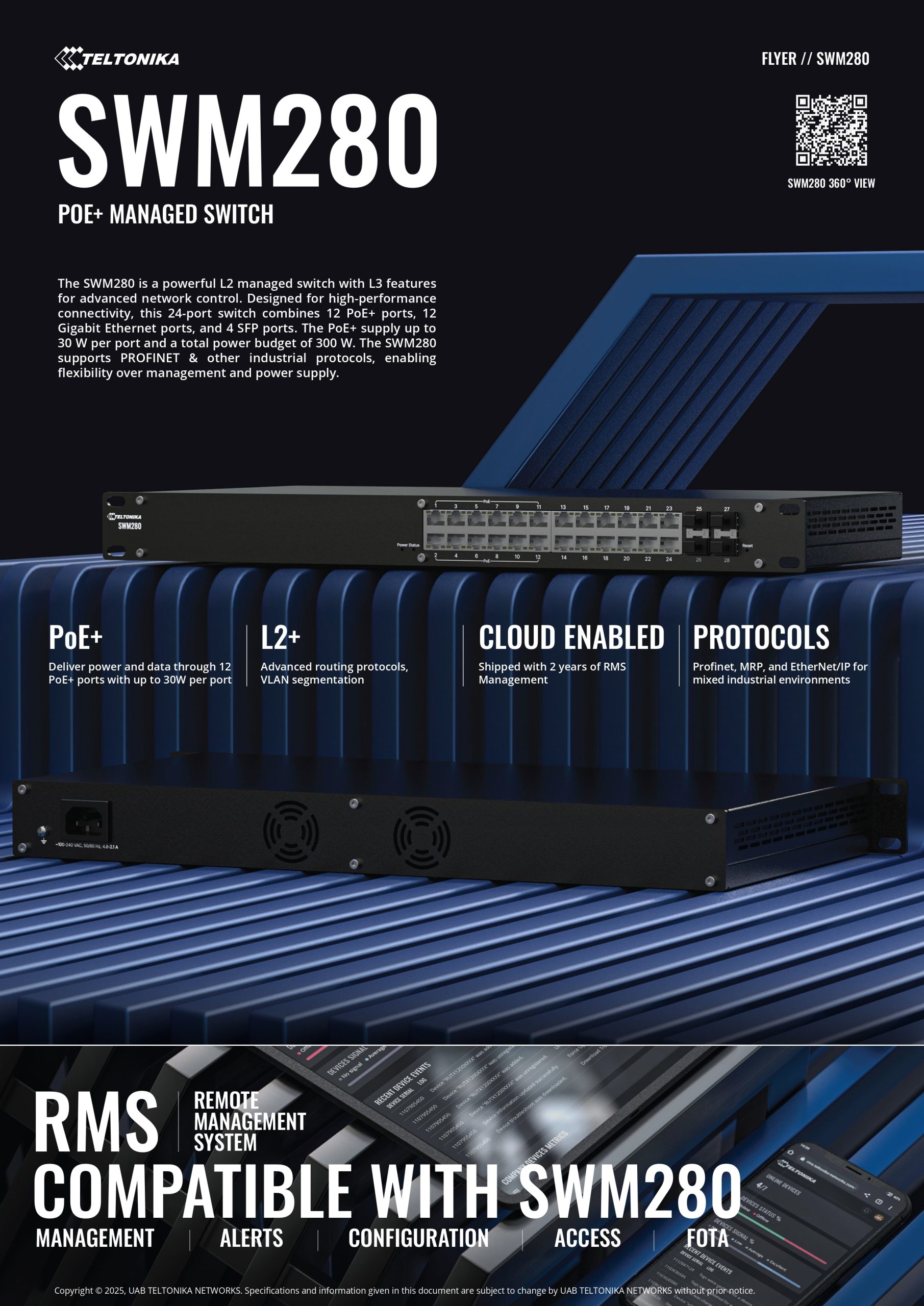 Teltonika | Teltonika SWM280 PoE+ Managed Switch, 24 x ETH ports, 10/100/1000 Mbps,12 PoE+ ports with up to 30W per port, 2 year free RMS License. | SWM280 - Image 1