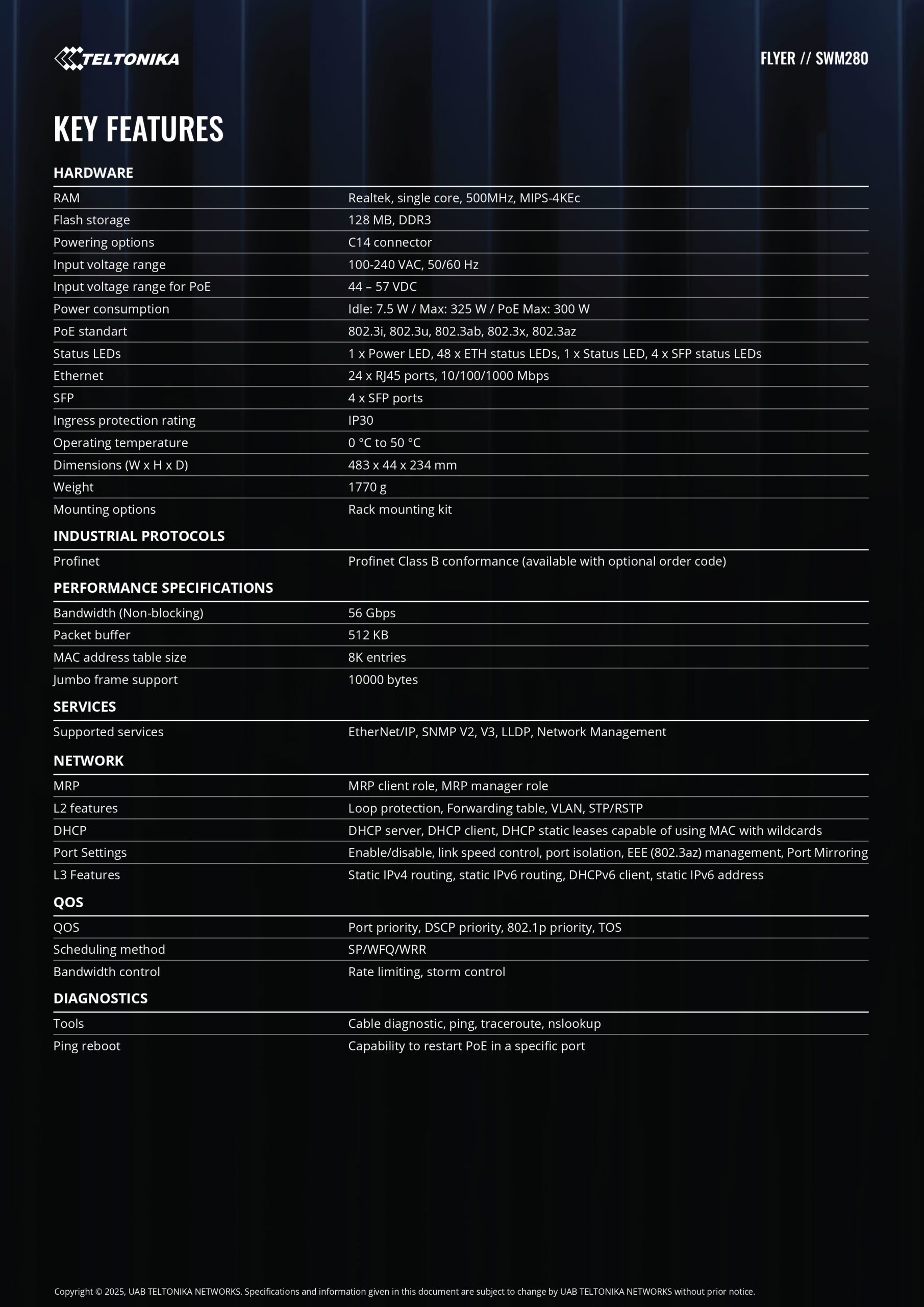 Teltonika | Teltonika SWM280 PoE+ Managed Switch, 24 x ETH ports, 10/100/1000 Mbps,12 PoE+ ports with up to 30W per port, 2 year free RMS License. | SWM280 - Image 2