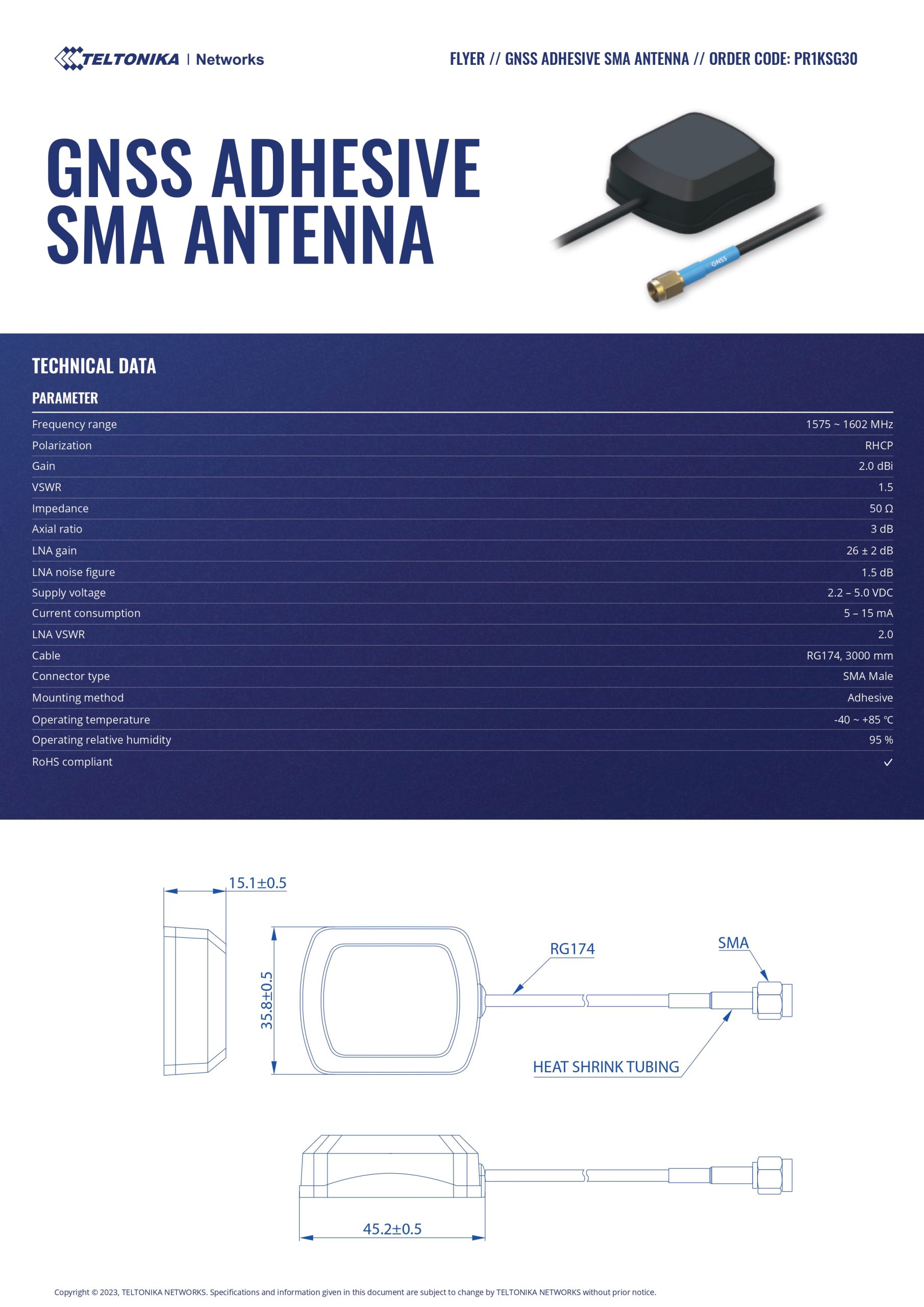 Teltonika | Teltonika GNSS ADHESIVE SMA ANTENNA | PR1KSG30 - Image 1
