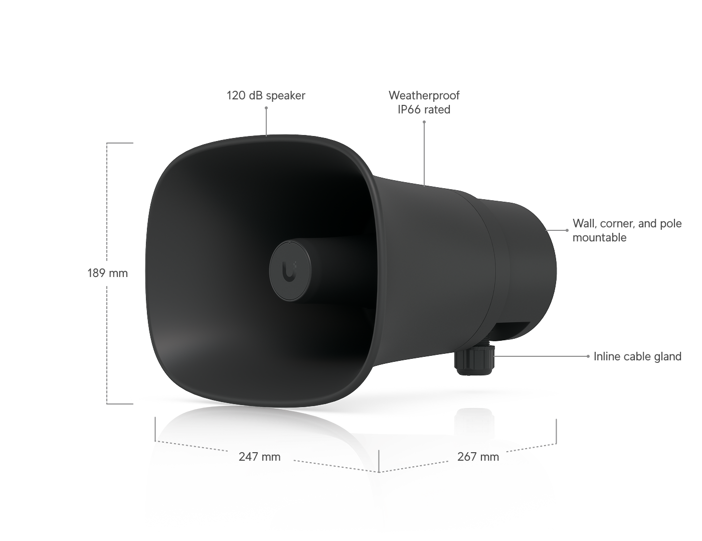Ubiquiti | Ubiquiti AI Horn Speaker, Black,All-weather PoE 120 dB Horn Speaker With Advanced AI Alert FunctionalityVersatile Wall, Corner,Pole Mounting Options | UP-AI-HORN-SPEAKER-B - Image 1