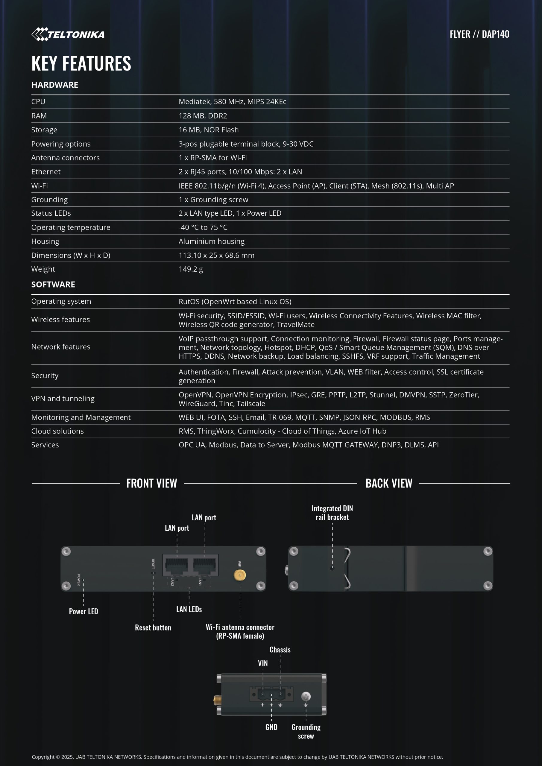 Teltonika | Teltonika DAP140 Industrial Wireless Access Point with Mesh Wi-Fi  Fast Roaming, 2 x 10/100 RJ45, Dual LAN  Passive PoE-In, DIN RAIL, PSU excluded. | DAP140000000 - Image 2