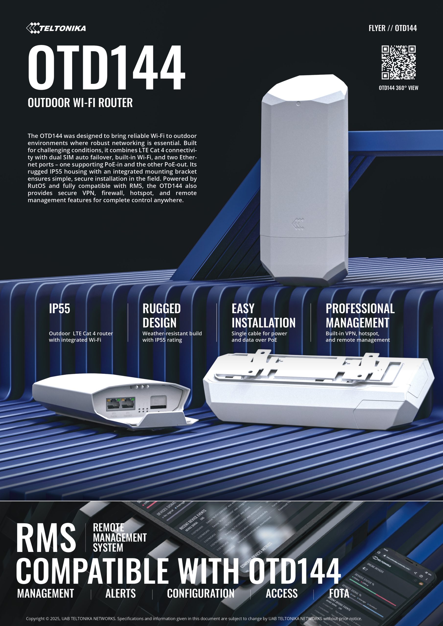 Teltonika | Teltonika Outdoor Wi-Fi Router,Cat 4 with Dual SIM Auto Failover, PoE, Weather-Resistant Build with IP55 Rating, PSU excluded | OTD144000000 - Image 1