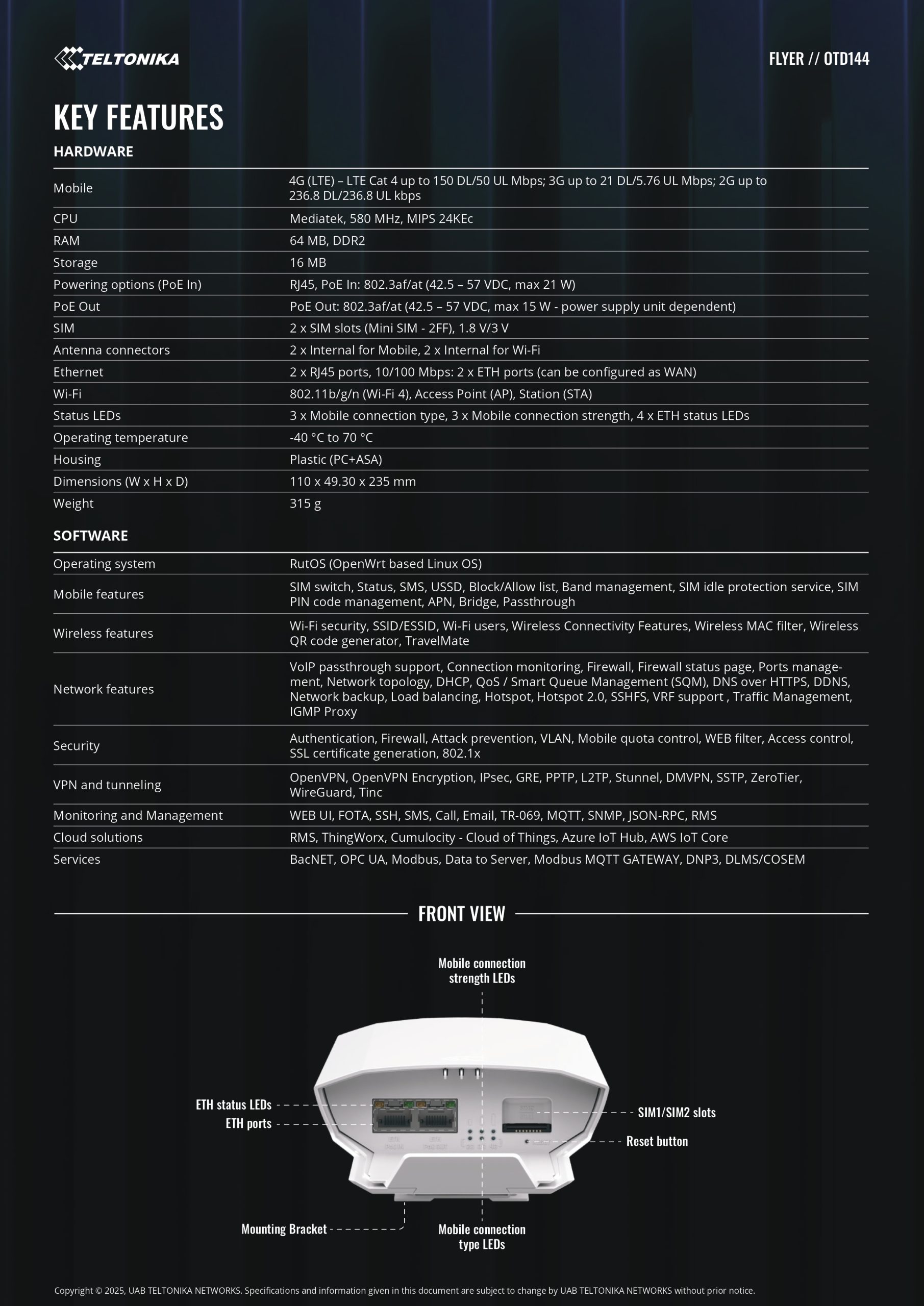 Teltonika | Teltonika Outdoor Wi-Fi Router,Cat 4 with Dual SIM Auto Failover, PoE, Weather-Resistant Build with IP55 Rating, PSU excluded | OTD144000000 - Image 2