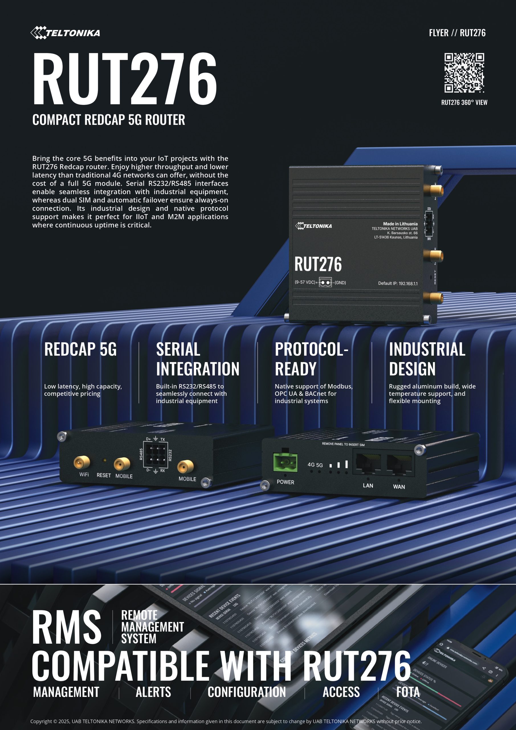 Teltonika | Teltonika RUT276 Compact Redcap 5G Router, Built-in RS232/RS485,2 x SIM Slots, 2 x RJ45 ports, 10/100 Mbps, PSU Excluded | RUT276000000 - Image 1