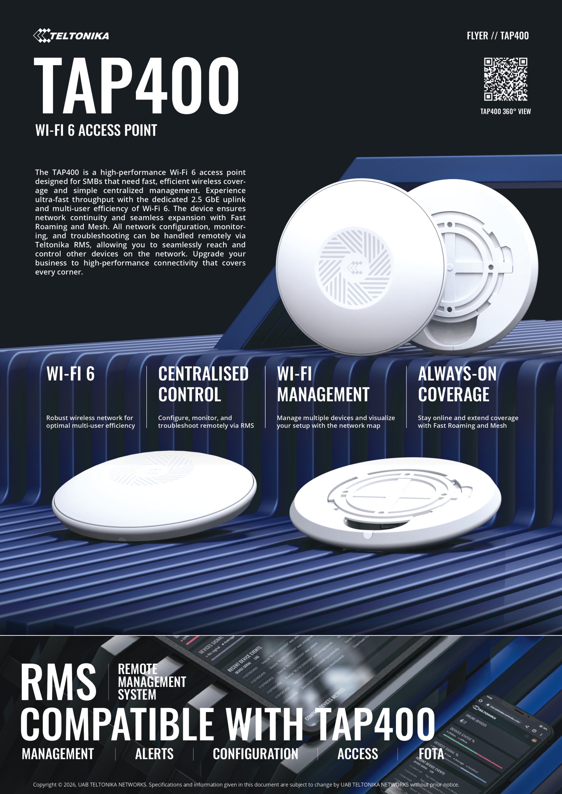 Teltonika | Teltonika TAP400 – Wi-Fi 6 Access Point, 2.5 GbE uplink,  Configure, monitor, and troubleshoot remotely via RMS, Fast Roaming and Mesh - PSU excluded | TAP400000000 - Image 1