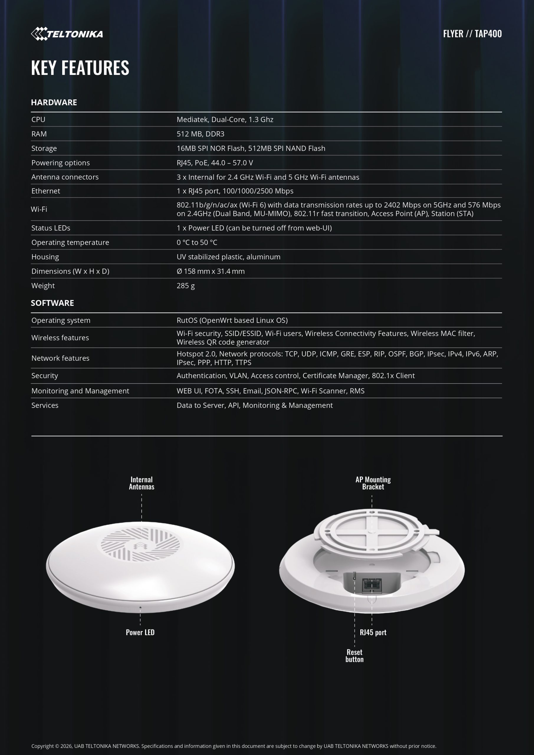 Teltonika | Teltonika TAP400 – Wi-Fi 6 Access Point, 2.5 GbE uplink,  Configure, monitor, and troubleshoot remotely via RMS, Fast Roaming and Mesh - PSU excluded | TAP400000000 - Image 2